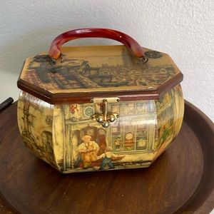 Vintage Anton Pieck Wooden Box Purse Decoupage Art Octagon Lucite Handle.